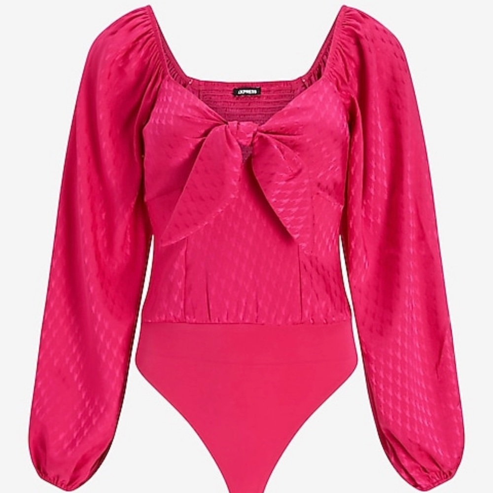 NWT Express Satin Jacquard Pink Long Puff Sleeve Bodysuit Size XS
